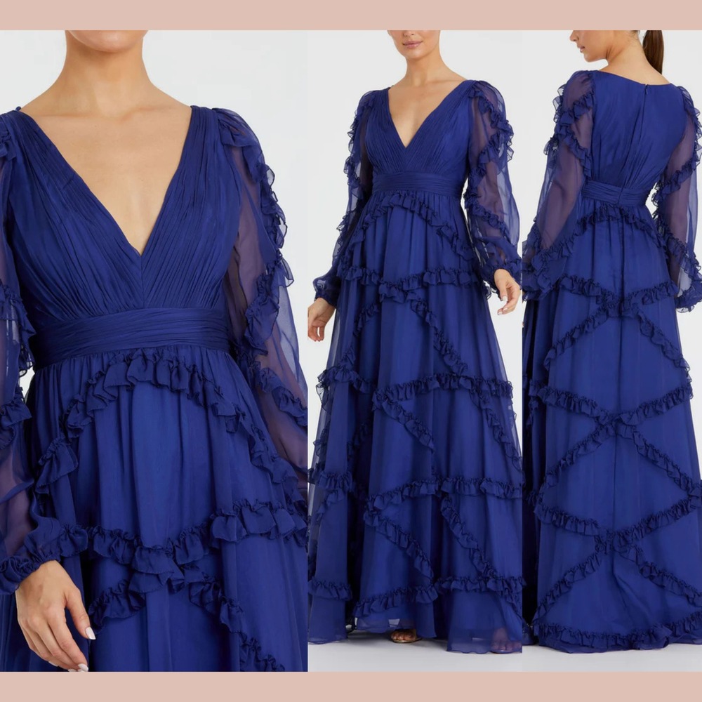 NWT Mac Duggal [ 4 ] 68223 Cascade Ruffle Puff Sleeve A Line Gown Sapphire S1805